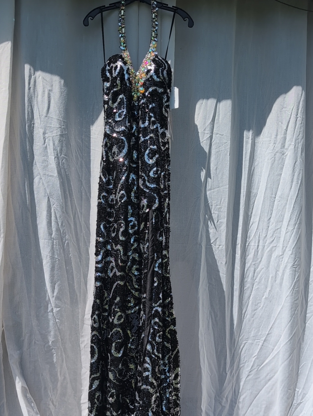 Night Moves Black Sequin Halter Gown with Iridescent Beaded Neckline